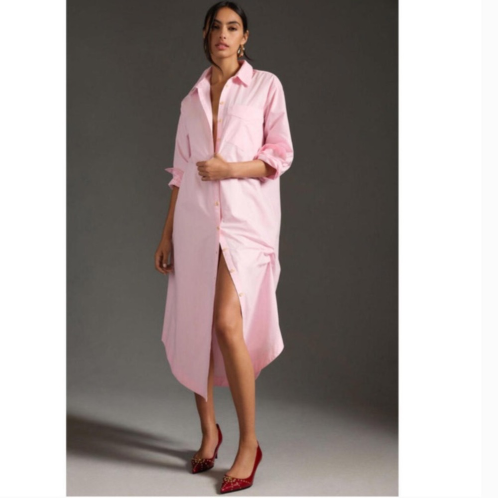 Anthropologie Maeve The Soren Pink 100% Cotton Long Sleeve Button Front Dress XS